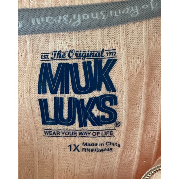 Muk Luks Women 1X Soft Peach Pointelle Knit Quarter Zip Pullover Shimmer Sweater - Picture 6 of 15